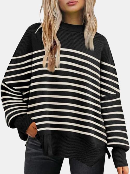 Round Neck Drop Shoulder Slit Sweater - Cowaa