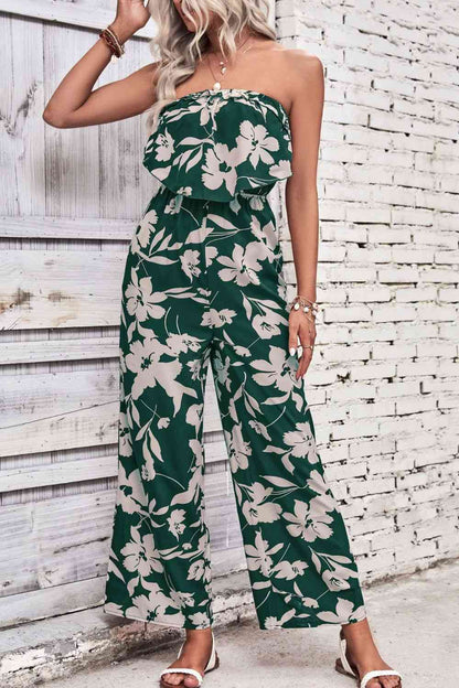 Floral Strapless Wide Leg Jumpsuit - Cowaa