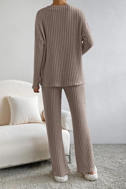 Ribbed V-Neck Top and Pants Set - Cowaa