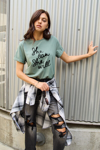 Simply Love Full Size SHE CAN SHE WILL Short Sleeve T-Shirt - Cowaa