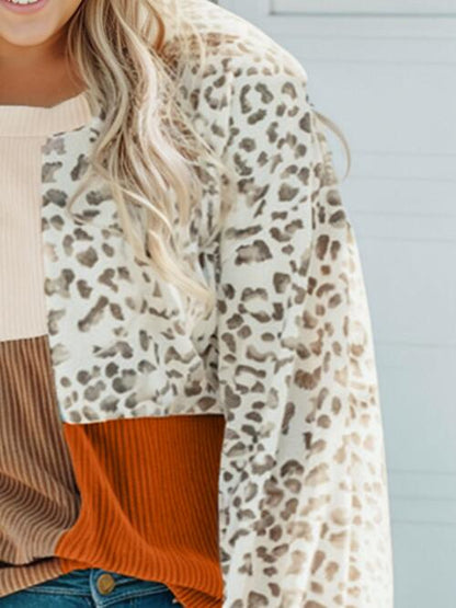 Plus Size Color Block Leopard Round Neck Top - Cowaa
