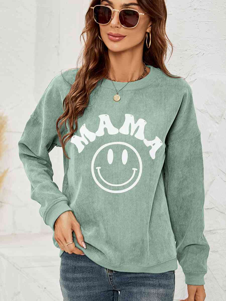 Round Neck Long Sleeve MAMA Graphic Sweatshirt - Cowaa