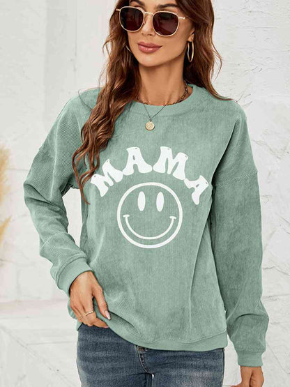 Round Neck Long Sleeve MAMA Graphic Sweatshirt - Cowaa