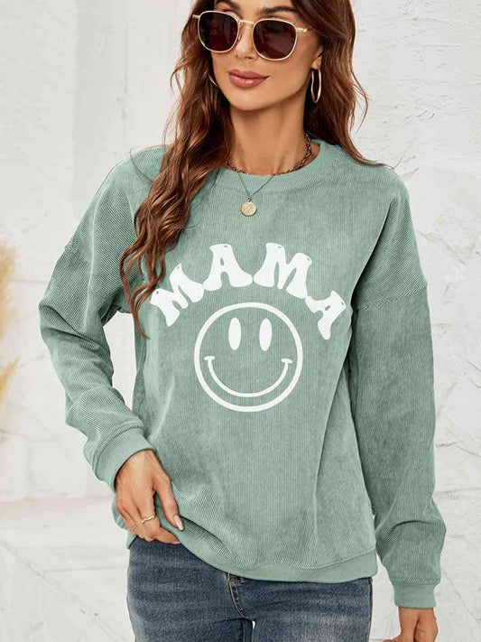 Round Neck Long Sleeve MAMA Graphic Sweatshirt - Cowaa