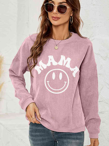 Round Neck Long Sleeve MAMA Graphic Sweatshirt - Cowaa