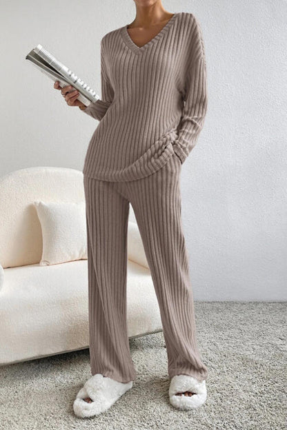 Ribbed V-Neck Top and Pants Set - Cowaa