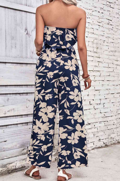 Floral Strapless Wide Leg Jumpsuit - Cowaa