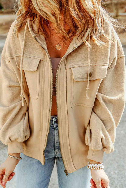 Zip-Up Drawstring Hooded Jacket - Cowaa