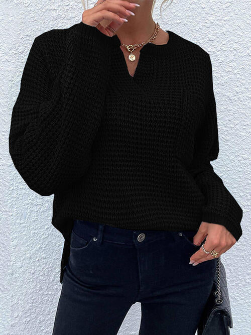 Notched Long Sleeve Sweater - Cowaa