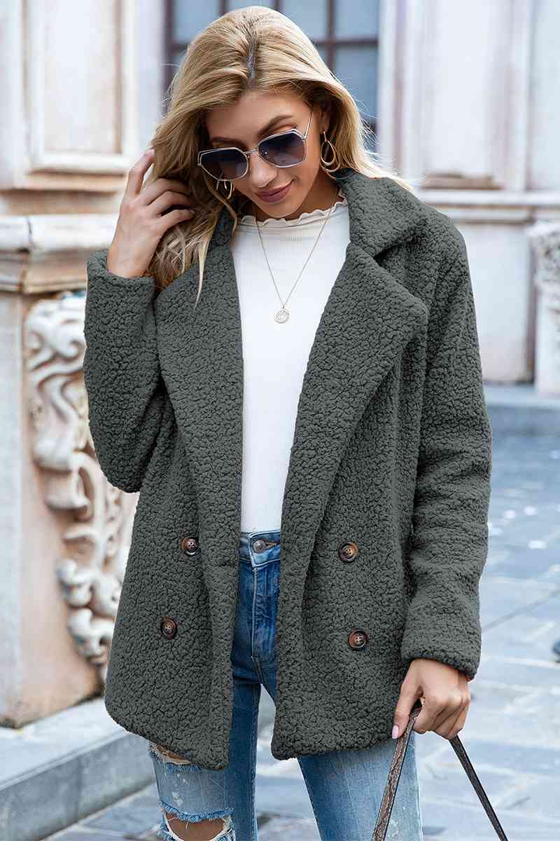 Full Size Lapel Collar Sherpa Coat - Cowaa