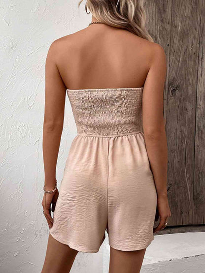 Decorative Button Smocked Strapless Romper - Cowaa