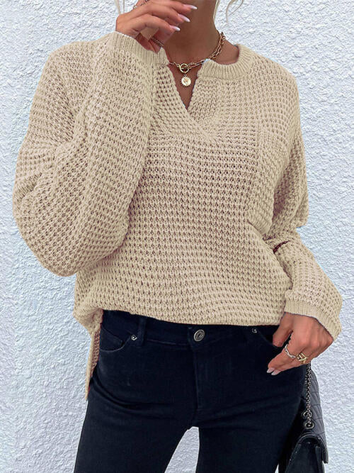 Notched Long Sleeve Sweater - Cowaa