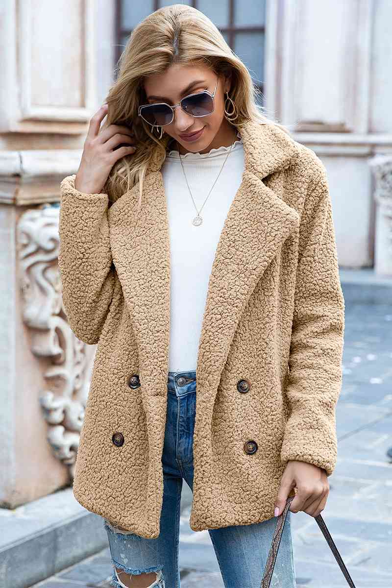 Full Size Lapel Collar Sherpa Coat - Cowaa