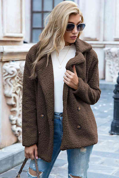 Full Size Lapel Collar Sherpa Coat - Cowaa