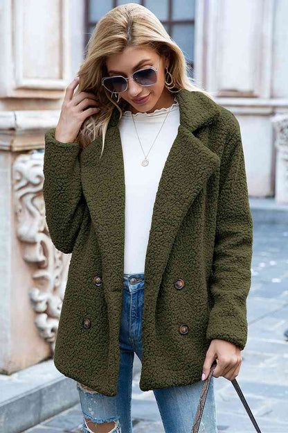 Full Size Lapel Collar Sherpa Coat - Cowaa