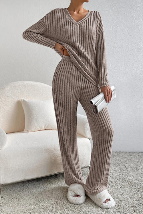 Ribbed V-Neck Top and Pants Set - Cowaa