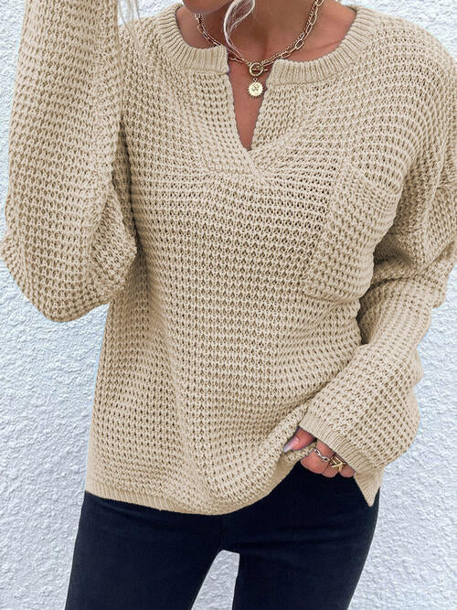 Notched Long Sleeve Sweater - Cowaa
