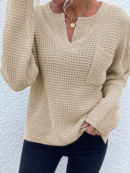 Notched Long Sleeve Sweater - Cowaa