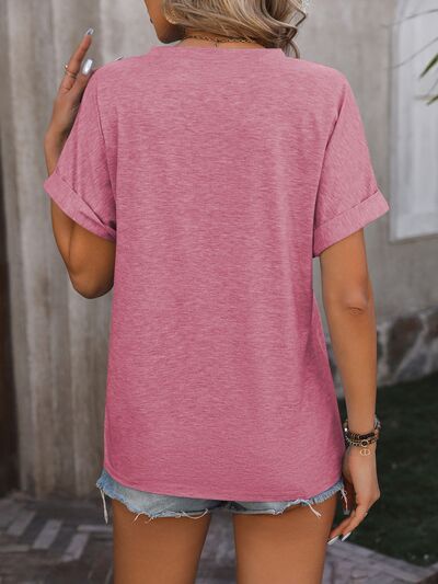 Notched Buttoned Short Sleeve T-Shirt - Cowaa