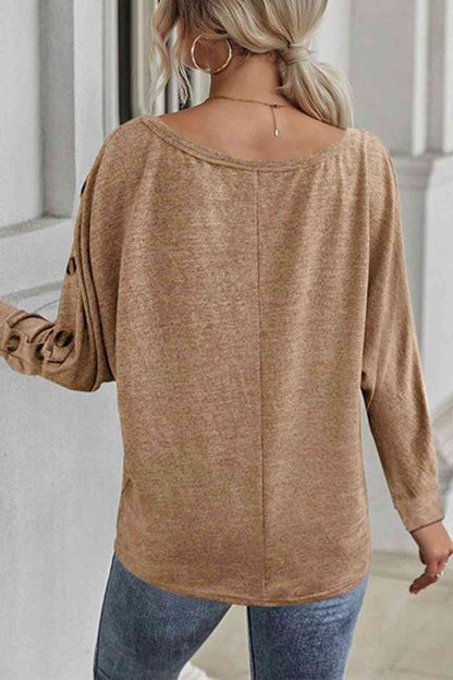 Boat Neck Buttoned Long Sleeve T-Shirt - Cowaa