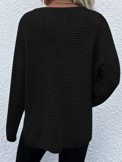 Notched Long Sleeve Sweater - Cowaa