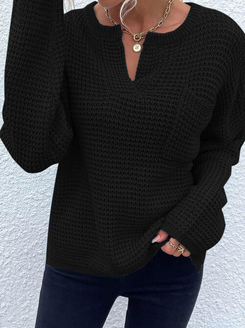 Notched Long Sleeve Sweater - Cowaa