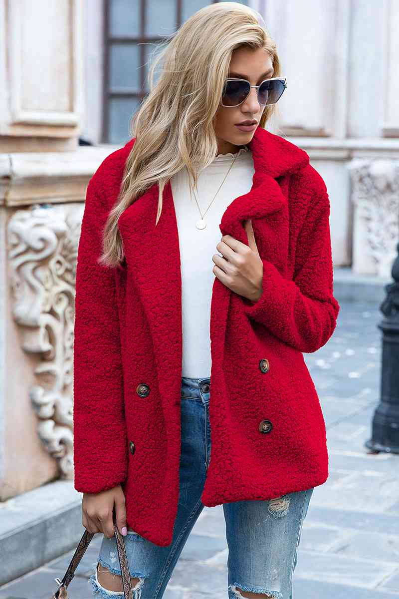 Full Size Lapel Collar Sherpa Coat - Cowaa