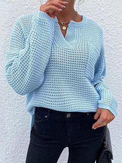 Notched Long Sleeve Sweater - Cowaa