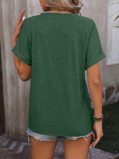 Notched Buttoned Short Sleeve T-Shirt - Cowaa