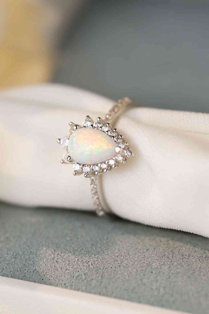 Platinum-Plated Opal Pear Shape Ring - Cowaa