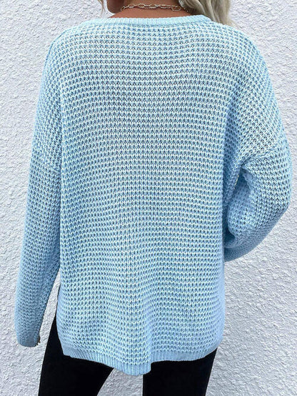 Notched Long Sleeve Sweater - Cowaa