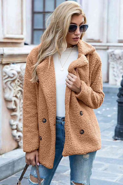 Full Size Lapel Collar Sherpa Coat - Cowaa