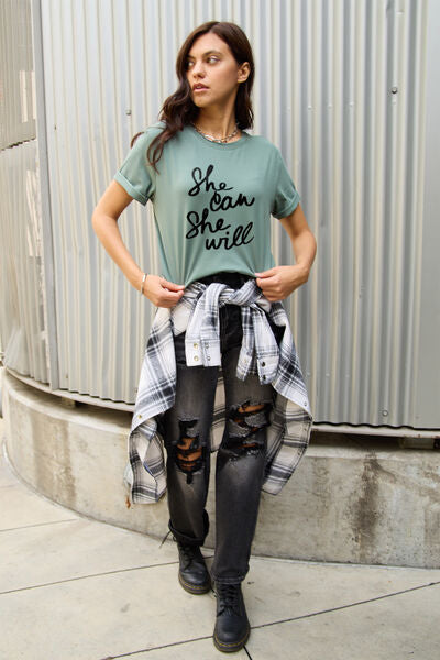 Simply Love Full Size SHE CAN SHE WILL Short Sleeve T-Shirt - Cowaa