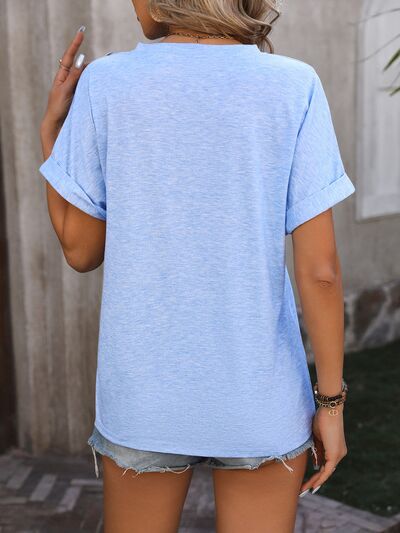 Notched Buttoned Short Sleeve T-Shirt - Cowaa