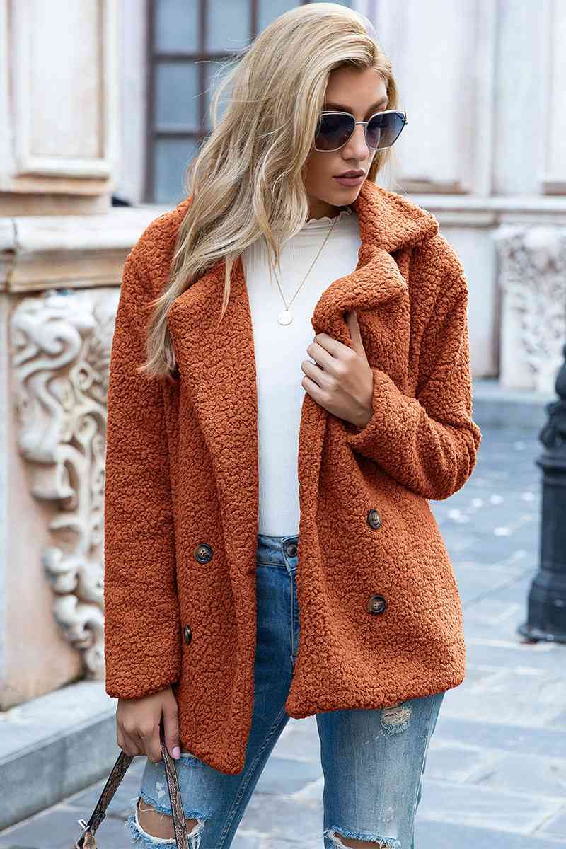 Full Size Lapel Collar Sherpa Coat - Cowaa