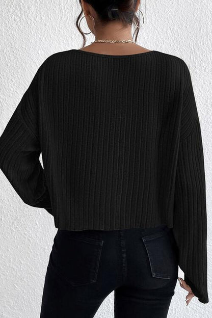 Ribbed Round Neck Drop Shoulder Long Sleeve Top - Cowaa
