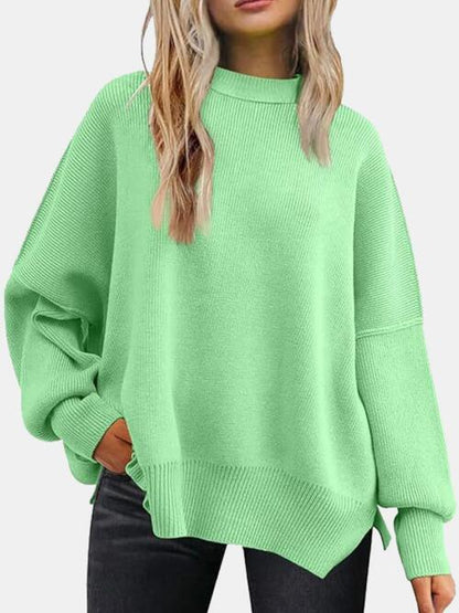 Round Neck Drop Shoulder Slit Sweater - Cowaa