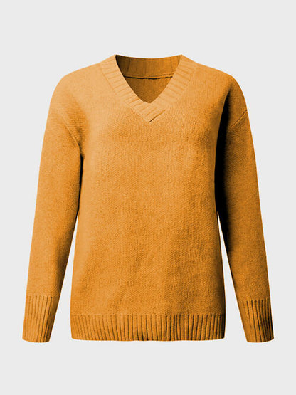 V-Neck Long Sleeve Knit Top - Cowaa