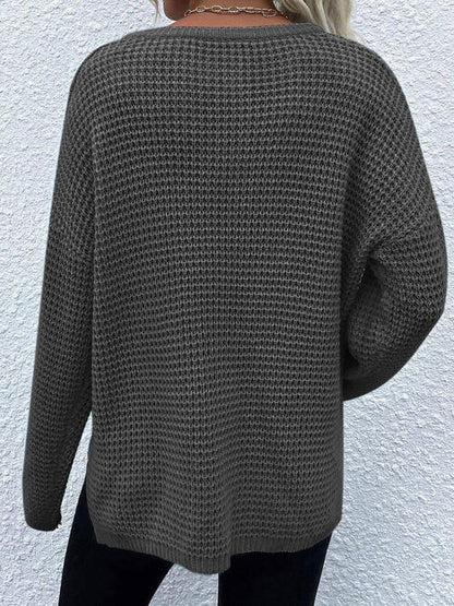 Notched Long Sleeve Sweater - Cowaa