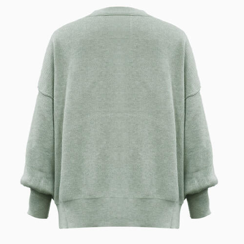Round Neck Drop Shoulder Slit Sweater - Cowaa