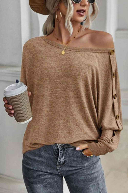 Boat Neck Buttoned Long Sleeve T-Shirt - Cowaa