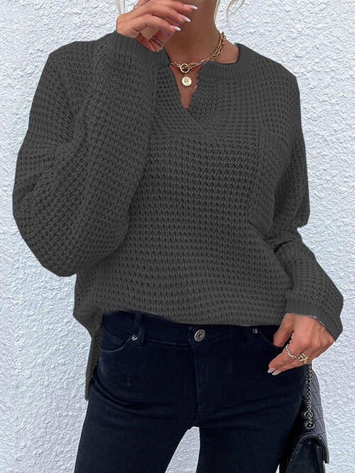 Notched Long Sleeve Sweater - Cowaa