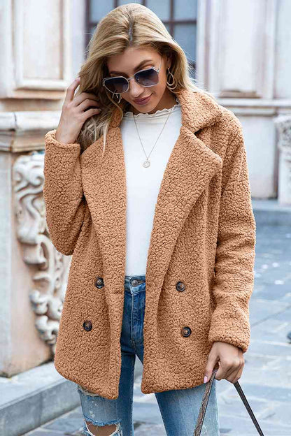 Full Size Lapel Collar Sherpa Coat - Cowaa