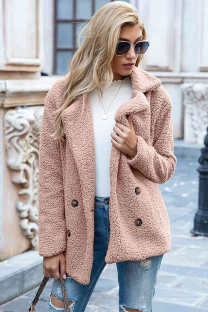 Full Size Lapel Collar Sherpa Coat - Cowaa