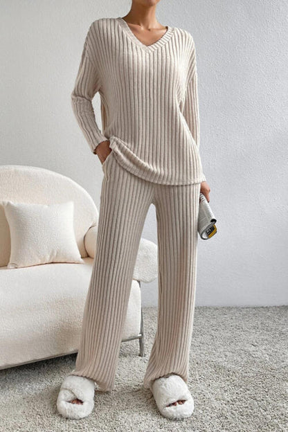Ribbed V-Neck Top and Pants Set - Cowaa