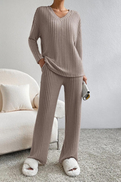 Ribbed V-Neck Top and Pants Set - Cowaa