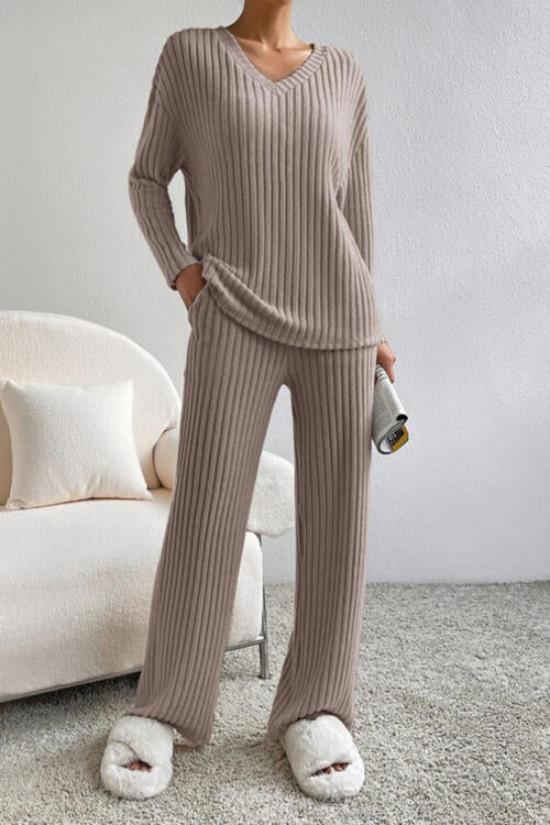 Ribbed V-Neck Top and Pants Set - Cowaa