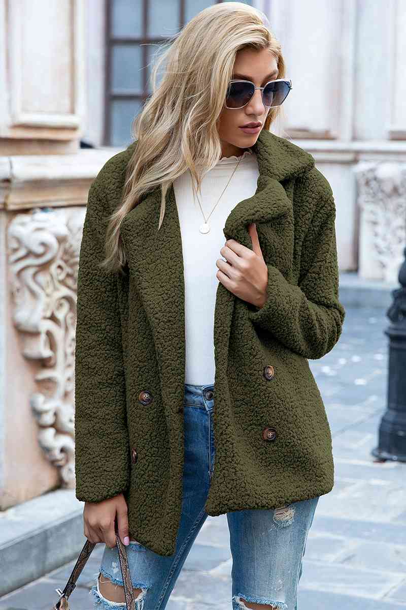 Full Size Lapel Collar Sherpa Coat - Cowaa