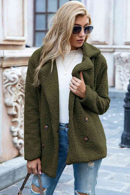 Full Size Lapel Collar Sherpa Coat - Cowaa
