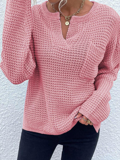 Notched Long Sleeve Sweater - Cowaa